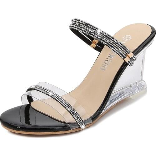 Open Toe Sexy Party Office Women Pumps Shoes Rhinestone Clear Word Belt Ladies Sandals Summer Transparent PVC Crystal High Heels