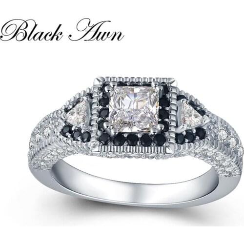 BLACK AWN 2020 New 100% 925 Sterling Silver Jewelry Trendy Engagement Rings for Women Black&White Stone Wedding Ring C412