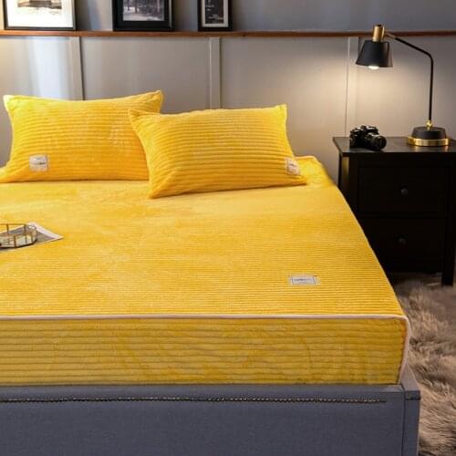1-3pcs Winter Fitted Sheet Warm Magic Fleece Solid Stripe Flannel Mattress Cover With Elastic Rubber Band Yellow Grey Bed Linen