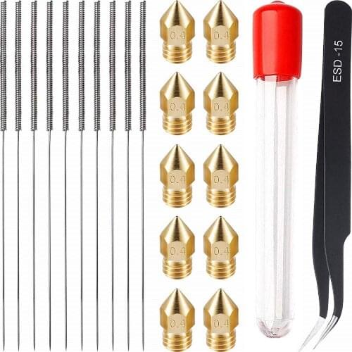 3D Printer Nozzle and Cleaning Needle, 10 *0.4mm MK8 nozzles, 10*0.4mm nozzles and Tweezers, Stainless Steel Nozzle Clean Needle