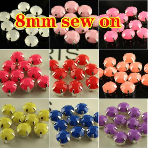 50pcs 8mm round solid candy Acrylic rhinestones Sewing On Silver Claw chatons flatback Stones For DIY Wedding Dress Decorative
