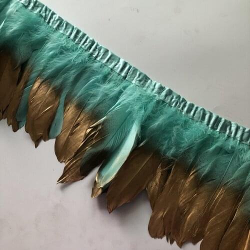 Price For 4Meters Goose Feather Trims Mint Green Dyed Golden Tipped Height 15-20CM 6-8" Natural Duck Feathers Trimming Fringes