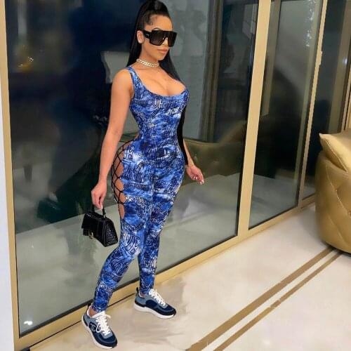 Black/blue Cross Lace Up Backless Slim Romper Women Low-cut Sleeveless Night Club Party Outfit High Street One Piece Bodysuits