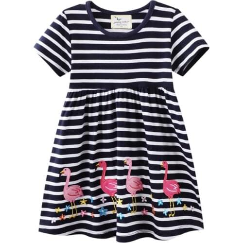 Jumping Meters Summer New 2021 Flamingo Embroidery Baby Stripe Dresses Fashion Baby Girls Cotton Princess Costume Animals Dress