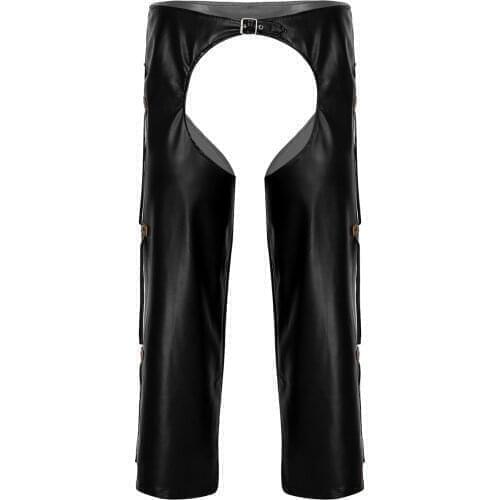 Men Sexy Lingerie Sleepwear Faux Leather Porno Open Crotch Hot Pants Bottoms with Fringed Details Buckled Loose Long Pants M-2XL