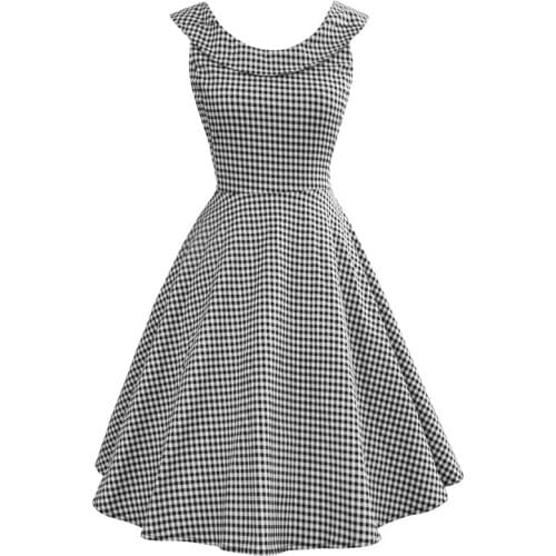 Womens Sweetheart Lapel Plaid 1940s 1950s Dress Sleeveless Midi Vintage Cocktail Swing Dress