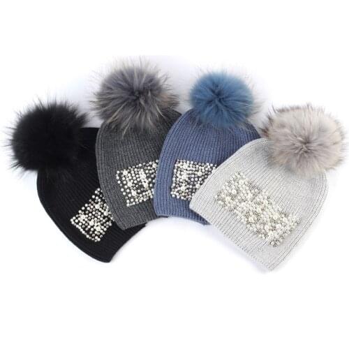 Geebro New 2021 Winter Knitted Cashmere Slouchy With Pearls Real Fur Pom Pom Beanies Fashion Warmer Solid Color Ribbing Hats