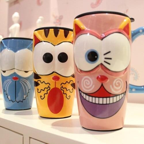 Painted Ceramic Mug Creative Fashion mug Cup Covered Spoon Coffee Cup Large Capacity Cartoon Cup Milk Tea Cup Gift for festival