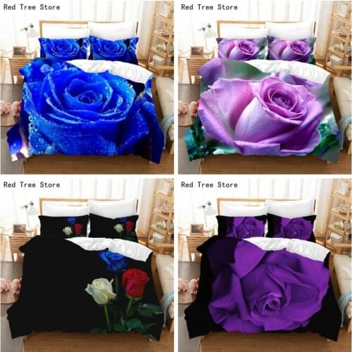 Luxury Blue Purple Rose Printed Bedding Set 3D Flowers Pattern Duvet Cover Bedspread 220x240 King Queen Size for Adult Couples