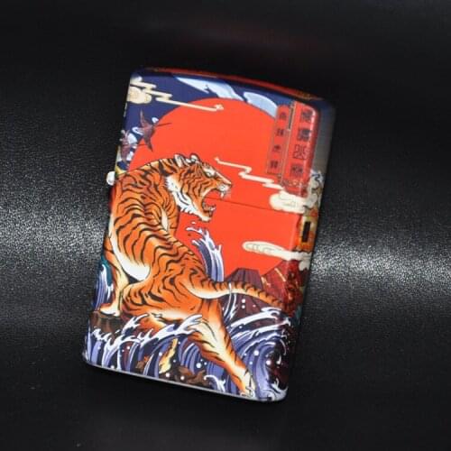 Zorro Brass Kerosene Grinding Wheel Lighter Five Side Color Printing Tiger Growl Mountain Forest Cotton Oil Machine Smoking Tool
