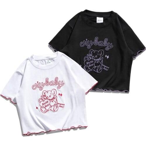 Cartoon Bear Embroidery Summer Short Navel T-shirt Female New Bottoming Shirt Male Korean Bottoming Shirt Women Sexy Tops