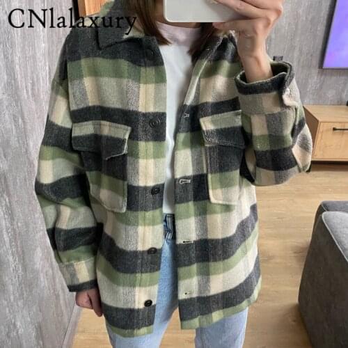 CNlalaxury2021 Za Fashion Oversize Woolen Coats Women Plaid Jackets Vintage Long Sleeve Shirt Jacket Female Outerwear Streetwear