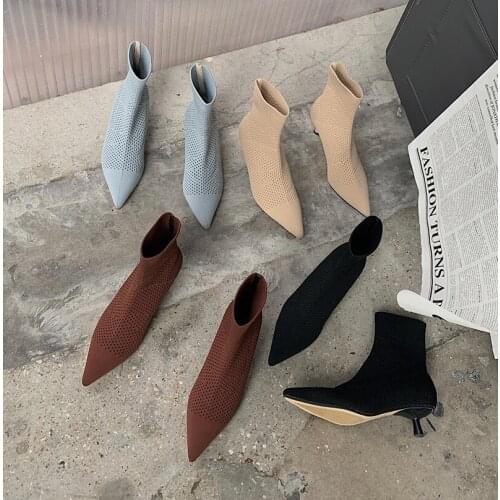 Fashion Women Knitting Boots Pointed Toe Black/Blue/Brown/Beige Sock Boots Thin Mid Heels Slip On Stretch Boots Pumps Shoes 39