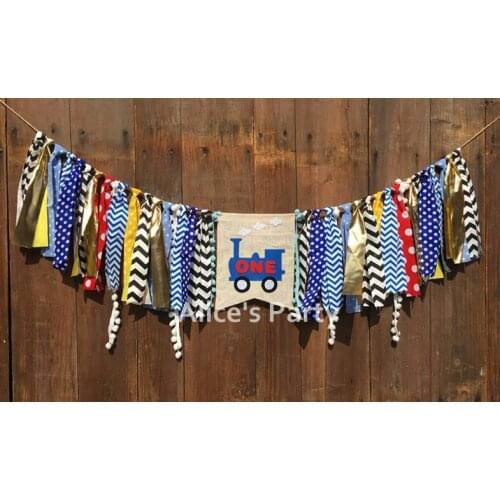 New Train ONE TWO Banner Boy 1st Birthday Party Garland Photo Prop Blue Train Car High chair Bunting Baby shower Decorations