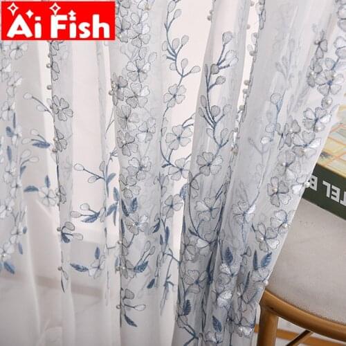 Window Curtains Floral Leaves Embroidered Sheer Curtain with Beads Luxuy Style Embroidered Voile Curtains For Living Room MY443C