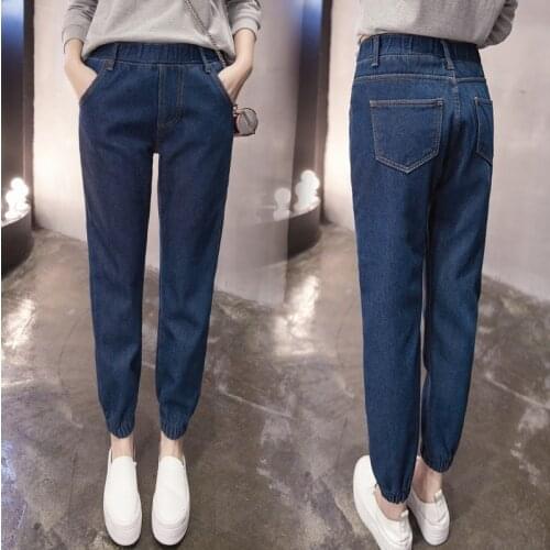 Autumn Korean elastic waist high waist loose BF jeans multi-pocket loose harem pants Plus size 5XL casual female feet trousers
