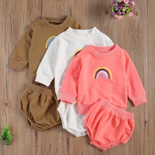Autumn Kids Baby Girls Clothes Set Rainbow Print Long Sleeve Pullover Tops + Solid Color Shorts Spring Casual Set