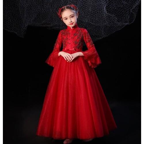 Flower Girl Dresses Illusion Embroidery Vintage Princess Sequined Ball Gown Bow Beading High Lace Tulle Kids Party Dress H019