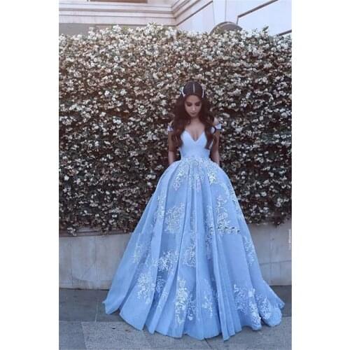 Off Shoulder Lace Appliques Sky Blue Prom Dresses Custom Short Sleeves Women Evening Party Gowns Custom