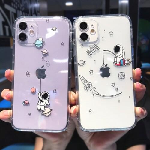Space Astronaut Transparent Shockproof Phone Case For iPhone SE 2020 X XS 11 12Pro Max XR 7 8 6 6S Plus Cartoon Soft Clear Cover
