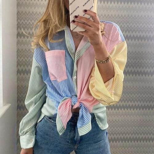 Patchwork Women Loose Colorful Button Shirts 2021 Summer Fashion Ladies Boho Boyfriend Shirt Vintage Girls Chic Tops