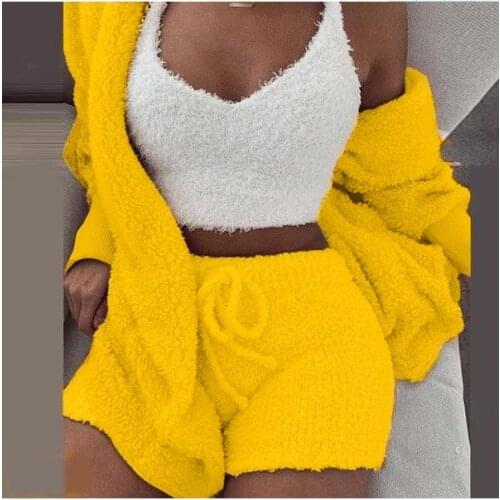 Three piece sexy fluffy set velvet plush hooded women tracksuit sets sweatshirt