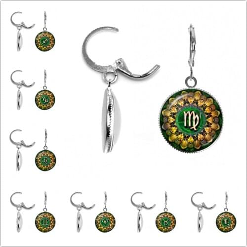 Boho Mandala 12 Constellation Aries Leo Pisces Earrings Zodiac Sign Art Pattern Glass Dome Earrings For Women Girl Birthday Gift