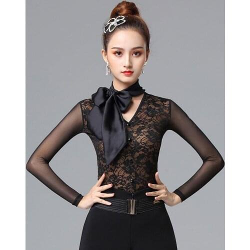 Fashion Women Ballroom Latin Dance Tops Sexy Lace Mesh Long Sleeves Practice Dancing Tops For Adult Ballroom Samba Wear DL5916
