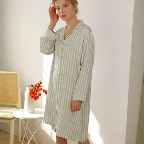 Spring Autumn Fashion Womens Long Nightgowns Green Striped Casual Sleepwear Elegant Loose Night Dress Home Wear