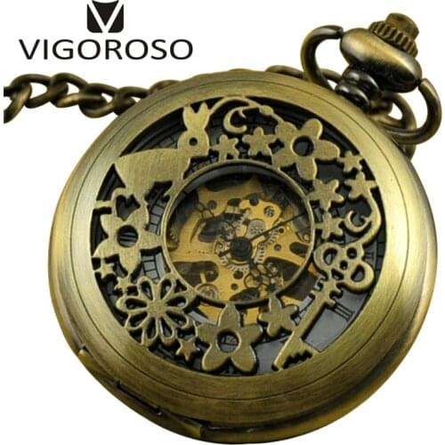 Vintage Bronze Rabbit Skeleton Case Alice in Wonderland Copper Mechanical Pocket Watch Men Women Pendant Necklace Chain Gift
