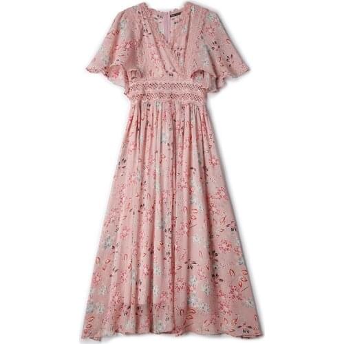 PERHAPS U Pink Light Green Floral Print Chiffon Lace Edge Empire Dress V Neck Elegant Women Dress Beach Summer D1571