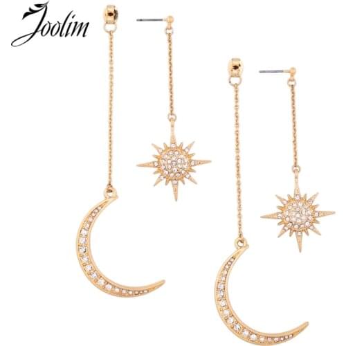 JOOLIM Jewelry Wholesale/Shinning Gold Rhinestone Crescent Star long earrings Piercing Earring Bijoux Women Gift