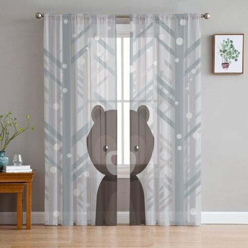 Winter Snowing Forest Bear Cartoon Window Curtains Bedroom Modern Drape Sheer Tulle Valances Living Room Kitchen Voile Curtain