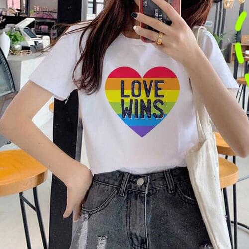 Women T Shirt Love Wins Letter Print White T Shirt Oversized Rainbow Top T-Shirt Kawaii Streetwear Femme Top Tees Clothing