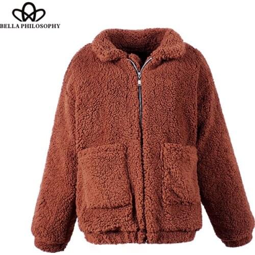 Bella Philosophy autumn winter pockets jacket women zipper turn down collar outwears faux suede jacket female fashion coat
