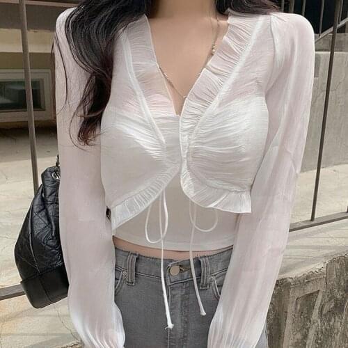 Summer Chiffon White Shirt Fashion Korean Ruffles Crops Top V-Neck Long Sleeve woman tshirts Lace Up Boho Streetwear y2k Soft