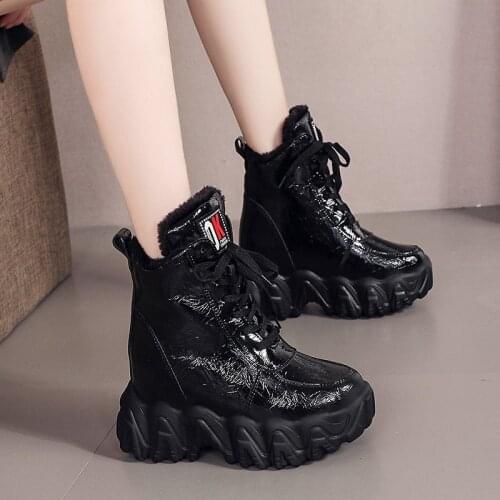 Women Platform Sneakers Lace-up Winter Velvet Keep Warm Dad Shoes High Top Chunky Casual Shoes Thick Bottom Flats Ladies Creeper