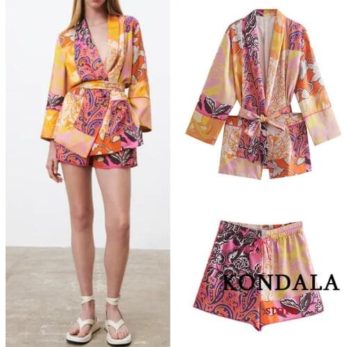 KONDALA Women Vintage Floral Print Holiday Sets V Neck Sashes Oversized Kimono Shirts and High Waist Wide Leg Shorts Women Suits