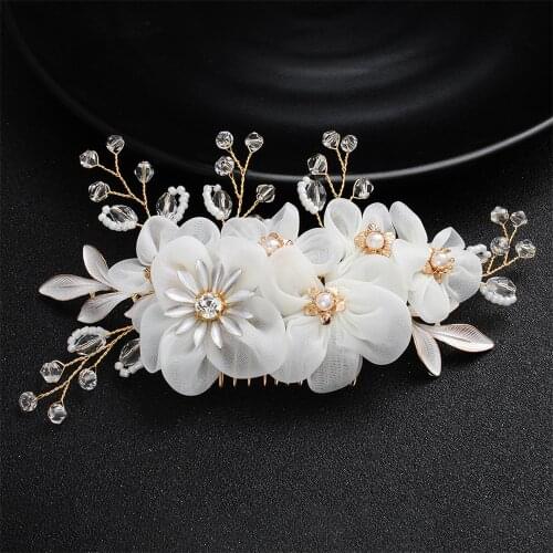 Golden Headdresses Handmade Weave Yarn Floral Hair Comb Wedding Hair Decoration With Pearl Hair Accessory