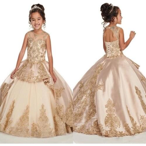 3D Floral Applique Lace Champagne Girls Pageant Dresses 2020 Cap Sleeve Jewel Beaded Crystal Two Layers First Communion Flower G