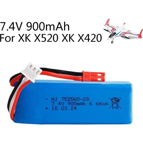 7.4V 900mAh 2S Lipo battery 752560 JST Plug for XK X520 XK X420 6 Channels Brushless Aileron RC helicopters toys spare parts
