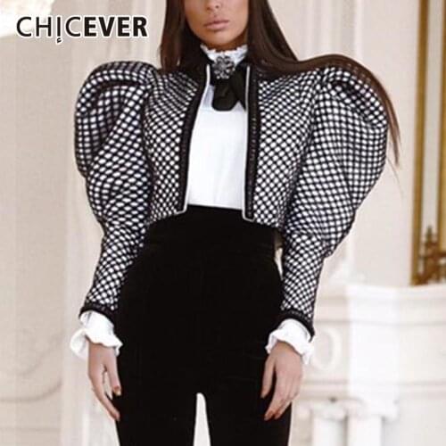 CHICEVER Plaid Coats For Women Butterfly Collar Puff Long Sleeve Ruched Short Streetwear Jackets Female 2021 Autumn Clothes Tide