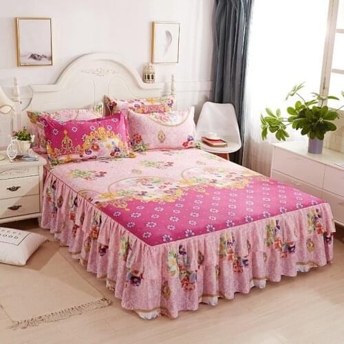 Home Floral Bed Skirt Pillowcase Double Dust Ruffle Elegant Bedroom Bed Sheet Bedspread Non-slip Mattress Cover Skirt Romantic