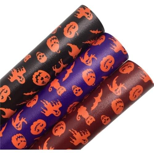 Halloween Pumpkins Bags Cats Printed Synthetic Faux Vinyl Fabric Sheets Felt Backing Leather for Bows Earring Bags 21X29CM 6S65A