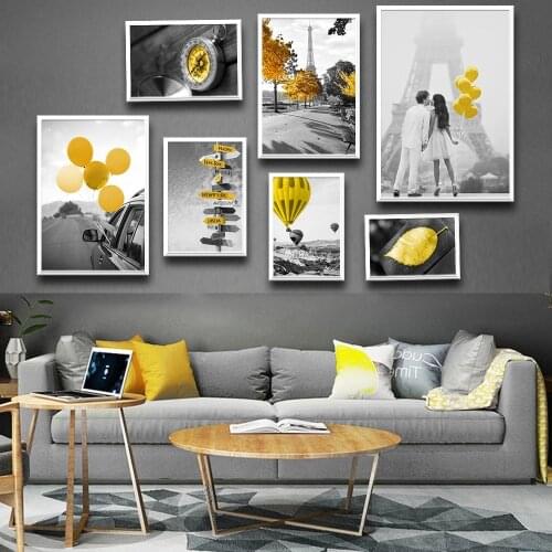Black And White Landscape Nordic Canvas Painting Set Art Yellow Scenery Wall Picture For Living Room Decoration Poster And Print