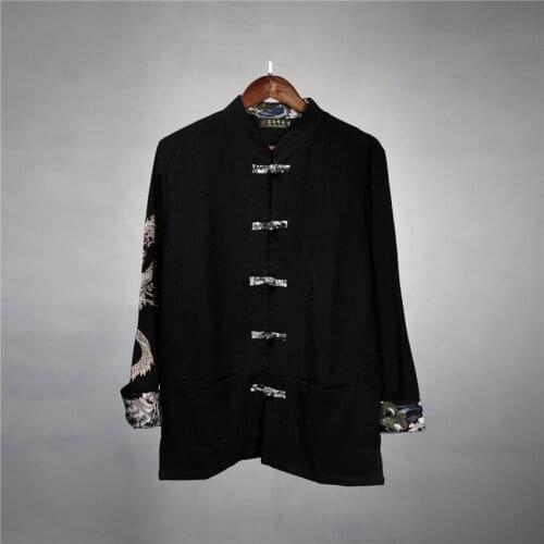 Chinese Traditional Style Man Dragon Embroidery Tops Linen Retro Long Sleeve Shirt Spring Autumn Casual Breathable Hanfu