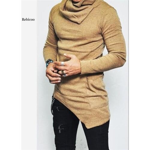 Mens Hoodies Unbalance Hem Pocket Long Sleeve Sweatshirt for Men Clothing Autumn Turtleneck Sweatshirt Top Hoodie Plus Size