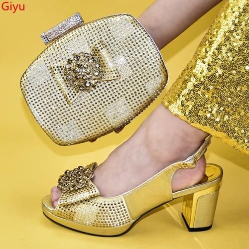 Doershow fashionShoes and Bag Set African Sets 2019gold Color Italian Shoe Bag Set Decorated with Rhinestone High Quality HLC1-1