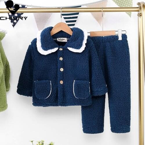 New 2020 Kids Boys Girls Autumn Winter Warm Flannel Pajama Sets Solid Lapel Pockets Tops with Pants Baby Sleeping Clothing Sets