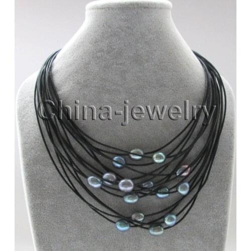 P7378-wow ! 17" 15rows 11-13mm black baroque freshwater pearl leather necklace>>> free shipping